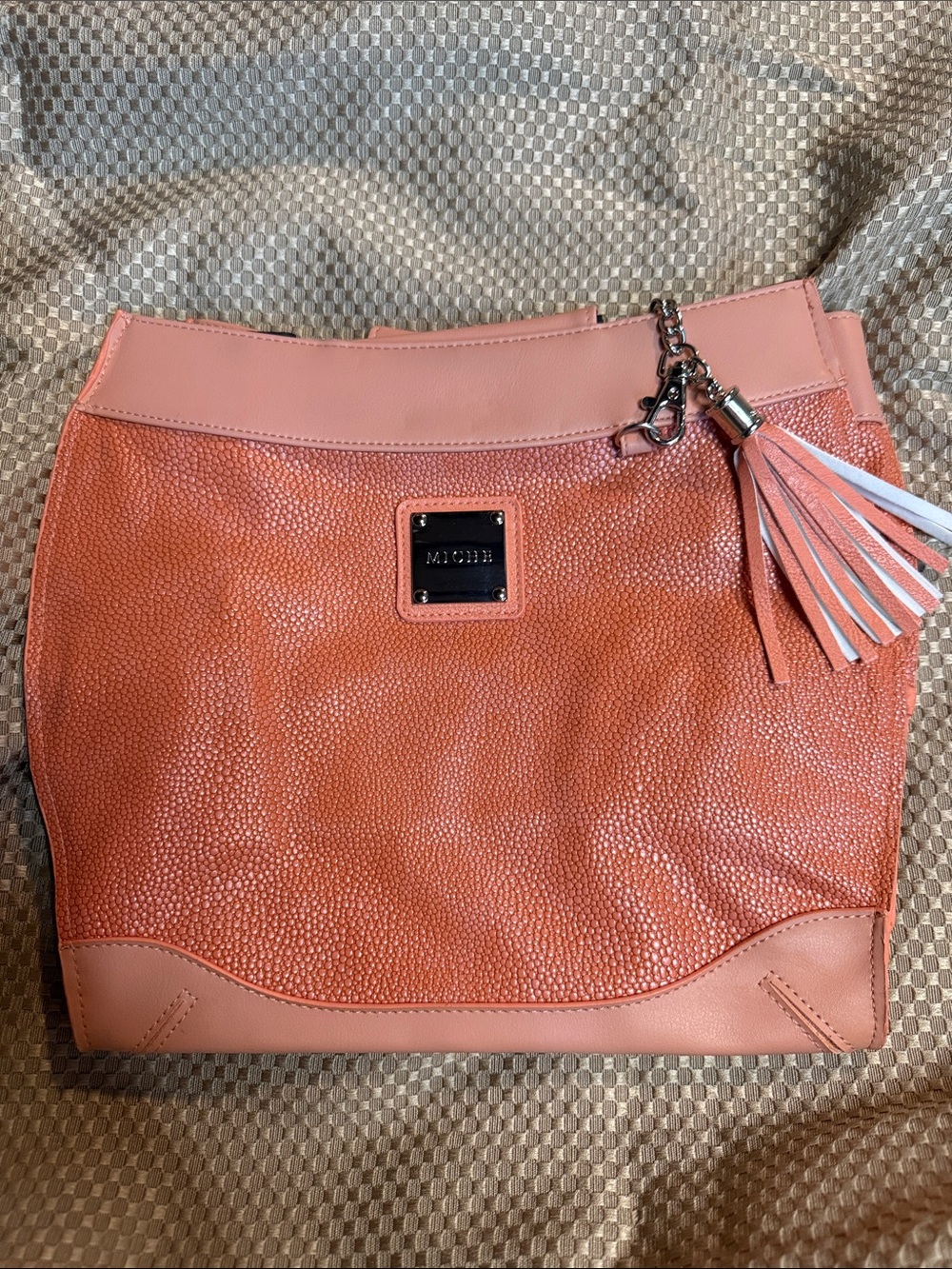 MICHE Coral-Orange Textured Shoulder Tote with Tassel Charm - Blanche Demi Shell